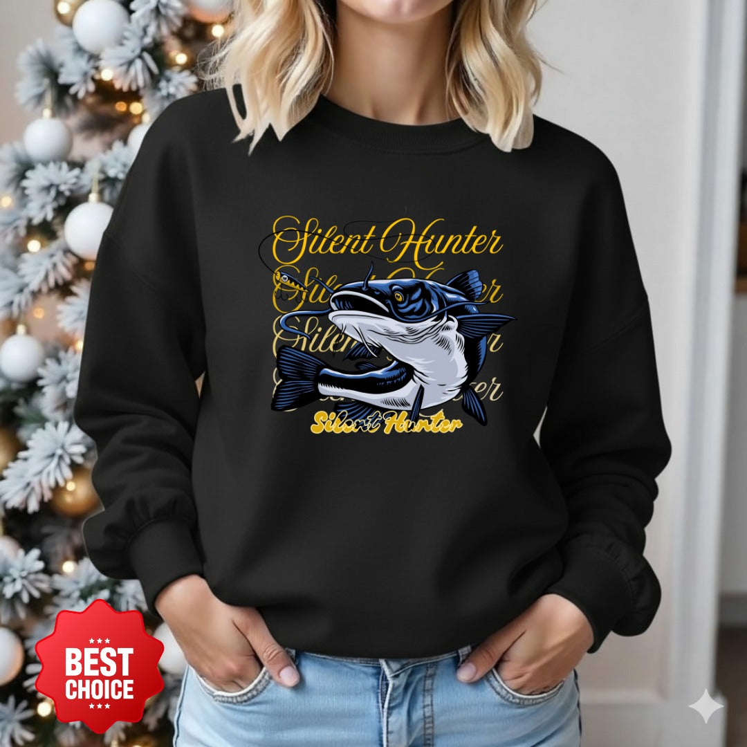Shout Hunter Fishing Crewneck Sweatshirt, Marlin Graphic Pullover, Fisherman Gift, Retro Ocean Angler Apparel, Deep Sea Fishing Crewneck
