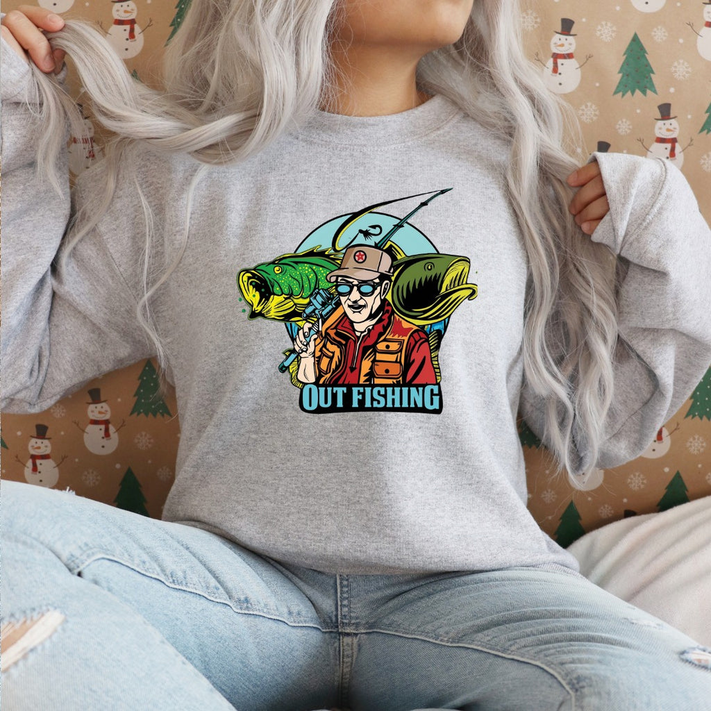 Out Fishing Crewneck Sweatshirt, Graphic Pullover for Anglers, Fisherman Gift, Retro Ocean Fishing Apparel, Outdoor Angler Crewneck Pullover
