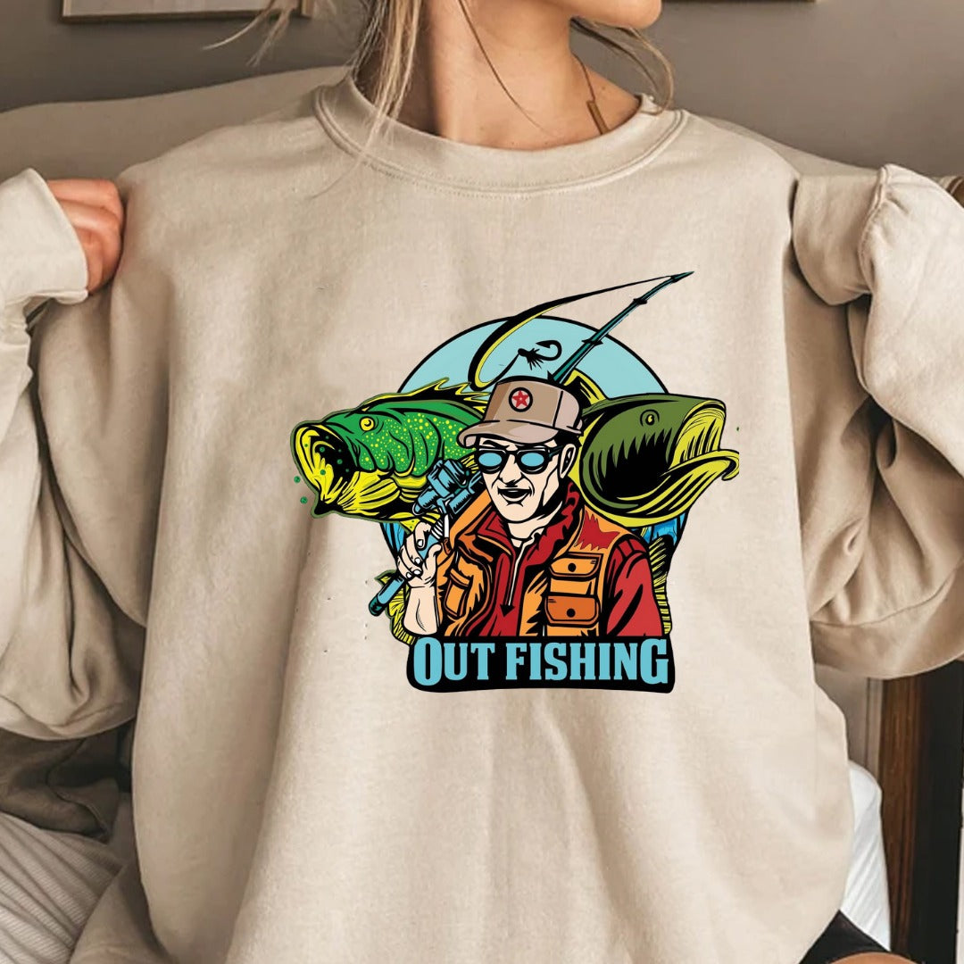 Out Fishing Crewneck Sweatshirt, Graphic Pullover for Anglers, Fisherman Gift, Retro Ocean Fishing Apparel, Outdoor Angler Crewneck Pullover
