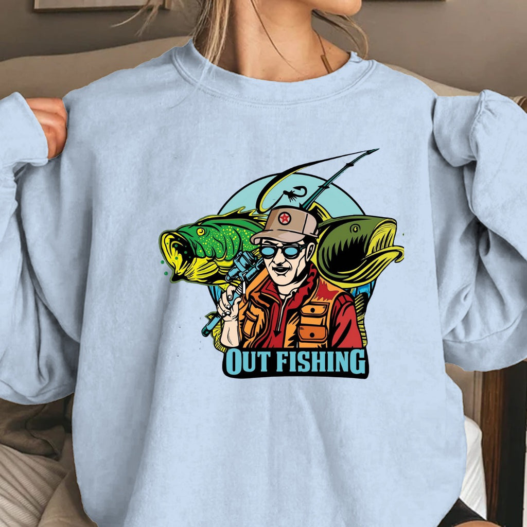 Out Fishing Crewneck Sweatshirt, Graphic Pullover for Anglers, Fisherman Gift, Retro Ocean Fishing Apparel, Outdoor Angler Crewneck Pullover