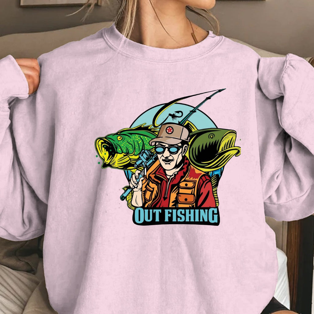 Out Fishing Crewneck Sweatshirt, Graphic Pullover for Anglers, Fisherman Gift, Retro Ocean Fishing Apparel, Outdoor Angler Crewneck Pullover