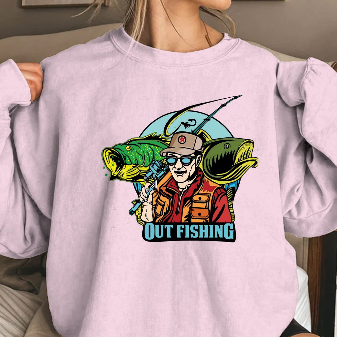 Out Fishing Crewneck Sweatshirt, Graphic Pullover for Anglers, Fisherman Gift, Retro Ocean Fishing Apparel, Outdoor Angler Crewneck Pullover