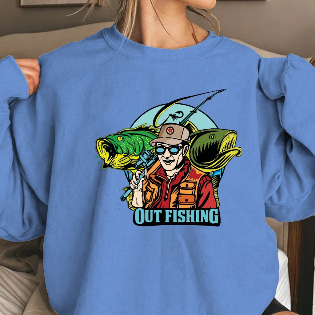 Out Fishing Crewneck Sweatshirt, Graphic Pullover for Anglers, Fisherman Gift, Retro Ocean Fishing Apparel, Outdoor Angler Crewneck Pullover