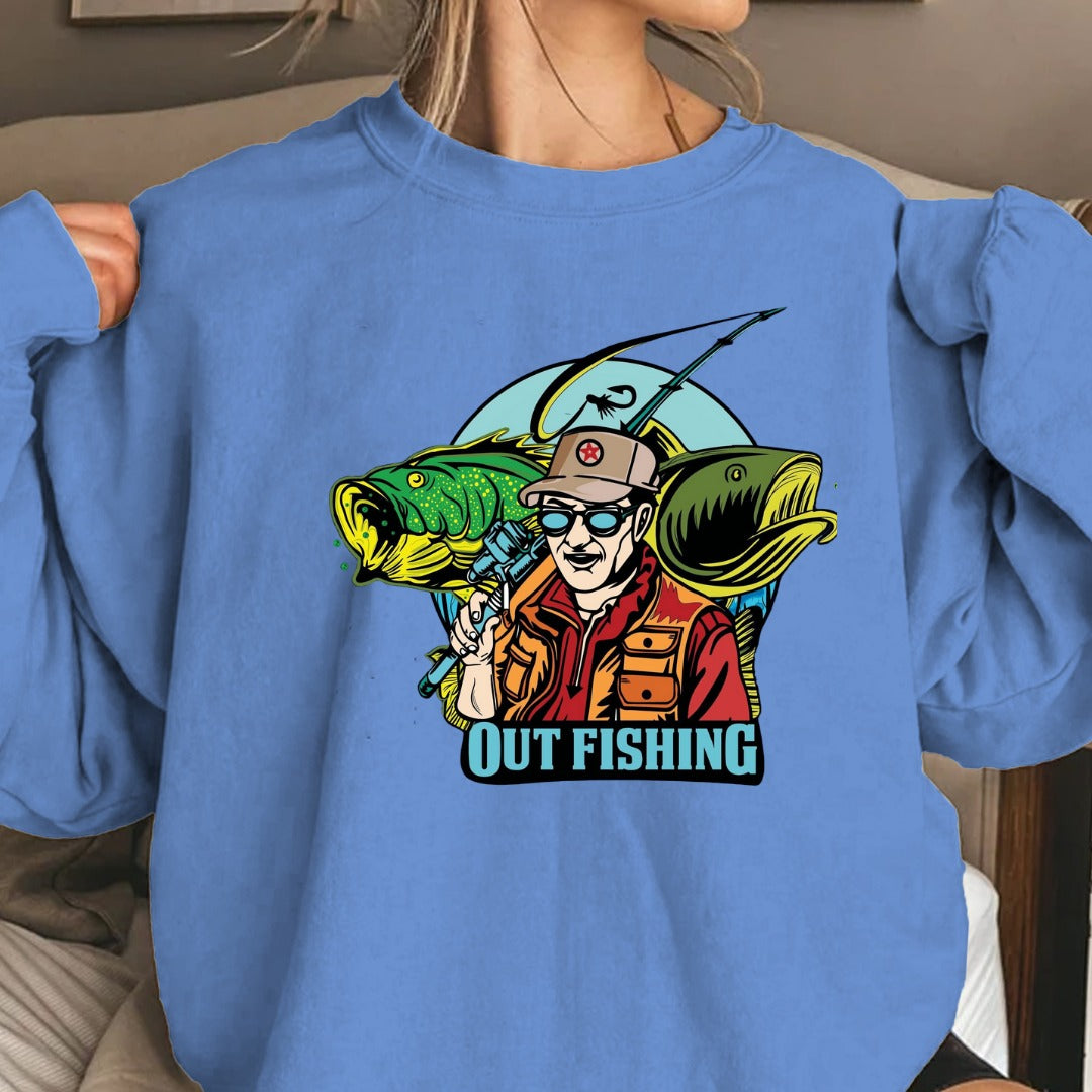 Out Fishing Crewneck Sweatshirt, Graphic Pullover for Anglers, Fisherman Gift, Retro Ocean Fishing Apparel, Outdoor Angler Crewneck Pullover