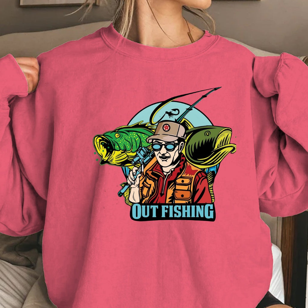 Out Fishing Crewneck Sweatshirt, Graphic Pullover for Anglers, Fisherman Gift, Retro Ocean Fishing Apparel, Outdoor Angler Crewneck Pullover