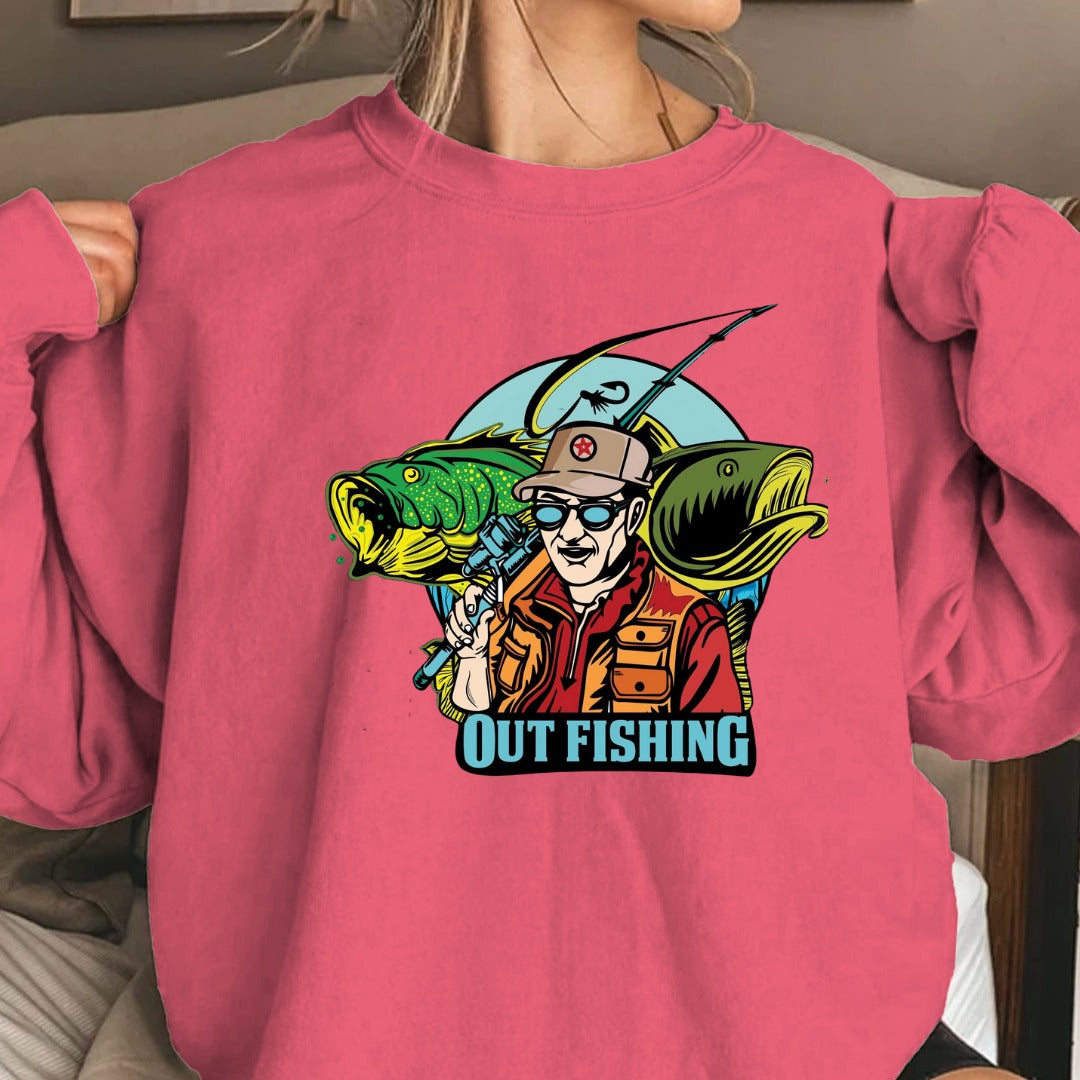 Out Fishing Crewneck Sweatshirt, Graphic Pullover for Anglers, Fisherman Gift, Retro Ocean Fishing Apparel, Outdoor Angler Crewneck Pullover