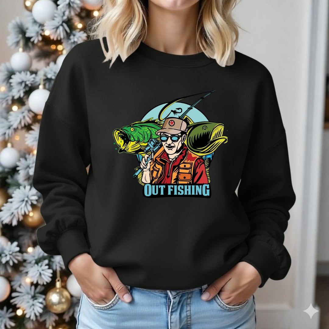 Out Fishing Crewneck Sweatshirt, Graphic Pullover for Anglers, Fisherman Gift, Retro Ocean Fishing Apparel, Outdoor Angler Crewneck Pullover