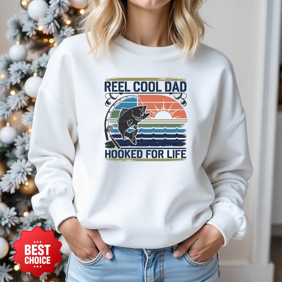 Reel Cool Dad Sweatshirt, Hooked For Life Fishing Crewneck, Fisherman Gift, Retro Angler Pullover, Outdoor Fishing Apparel, Dad Fisherman Top