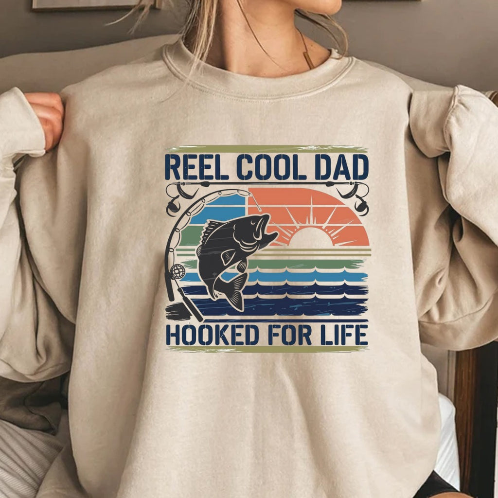 Reel Cool Dad Sweatshirt, Hooked For Life Fishing Crewneck, Fisherman Gift, Retro Angler Pullover, Outdoor Fishing Apparel, Dad Fisherman Top