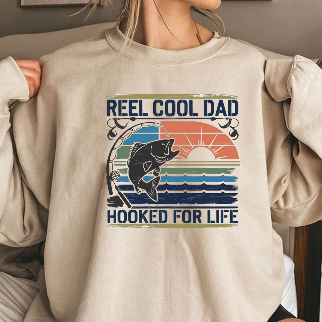 Reel Cool Dad Sweatshirt, Hooked For Life Fishing Crewneck, Fisherman Gift, Retro Angler Pullover, Outdoor Fishing Apparel, Dad Fisherman Top
