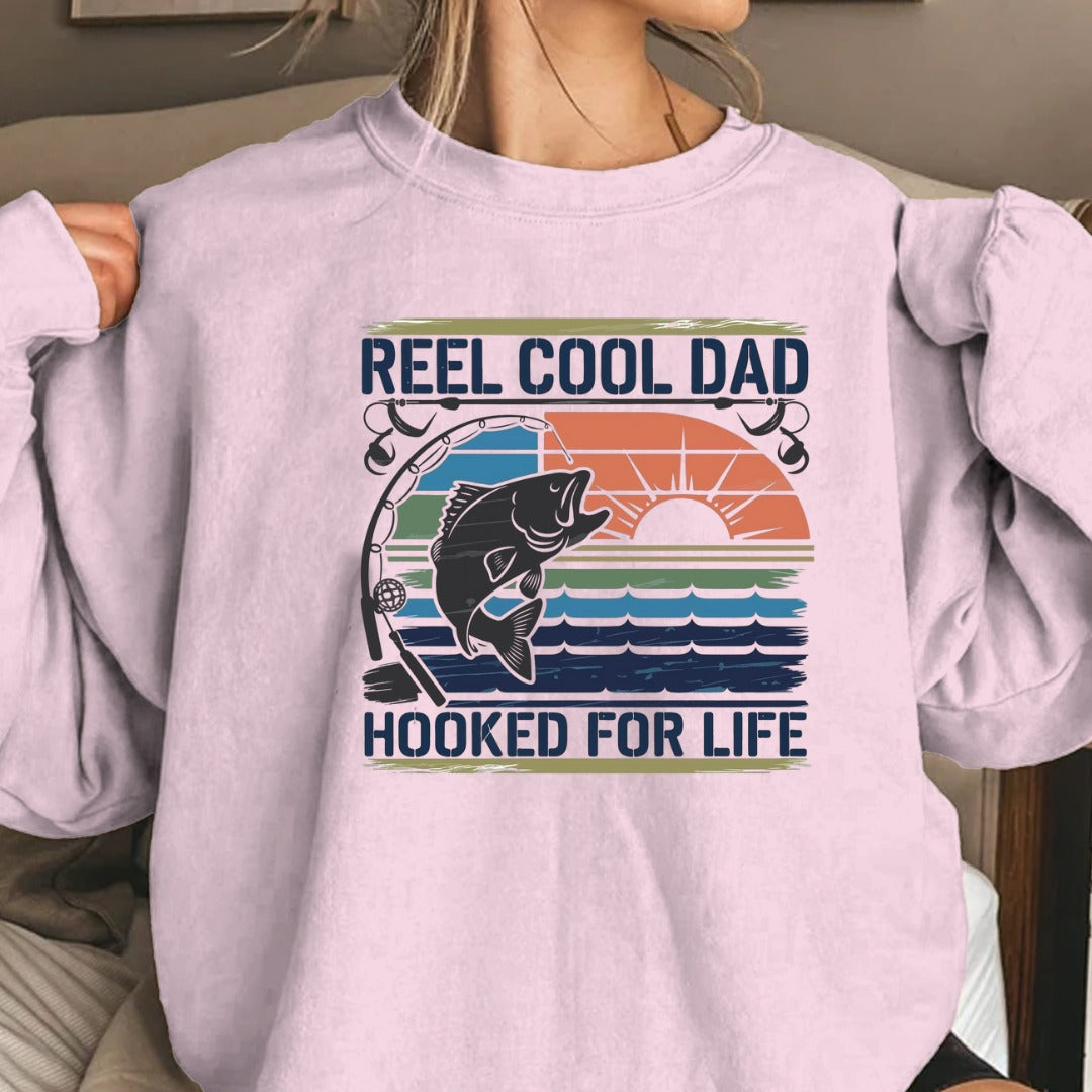 Reel Cool Dad Sweatshirt, Hooked For Life Fishing Crewneck, Fisherman Gift, Retro Angler Pullover, Outdoor Fishing Apparel, Dad Fisherman Top