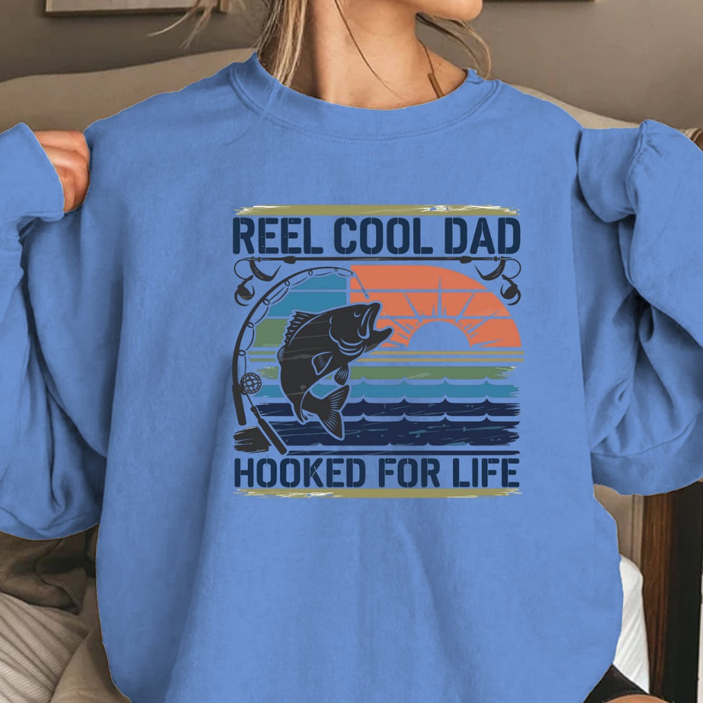 Reel Cool Dad Sweatshirt, Hooked For Life Fishing Crewneck, Fisherman Gift, Retro Angler Pullover, Outdoor Fishing Apparel, Dad Fisherman Top