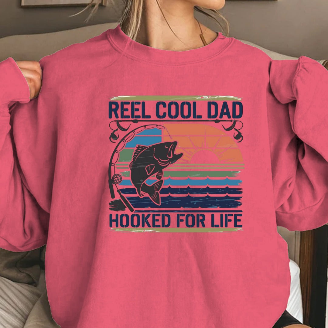 Reel Cool Dad Sweatshirt, Hooked For Life Fishing Crewneck, Fisherman Gift, Retro Angler Pullover, Outdoor Fishing Apparel, Dad Fisherman Top
