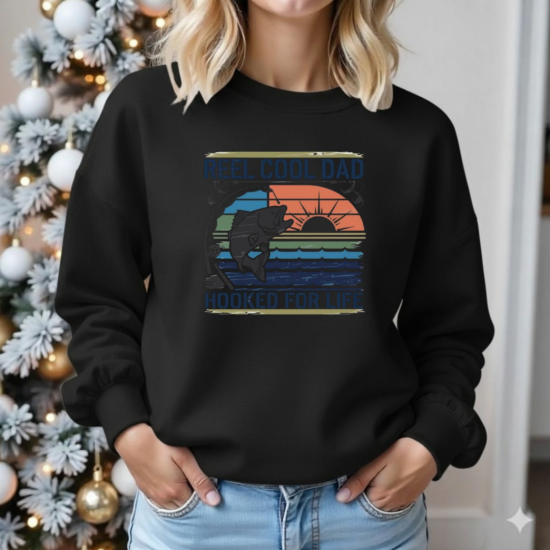 Reel Cool Dad Sweatshirt, Hooked For Life Fishing Crewneck, Fisherman Gift, Retro Angler Pullover, Outdoor Fishing Apparel, Dad Fisherman Top