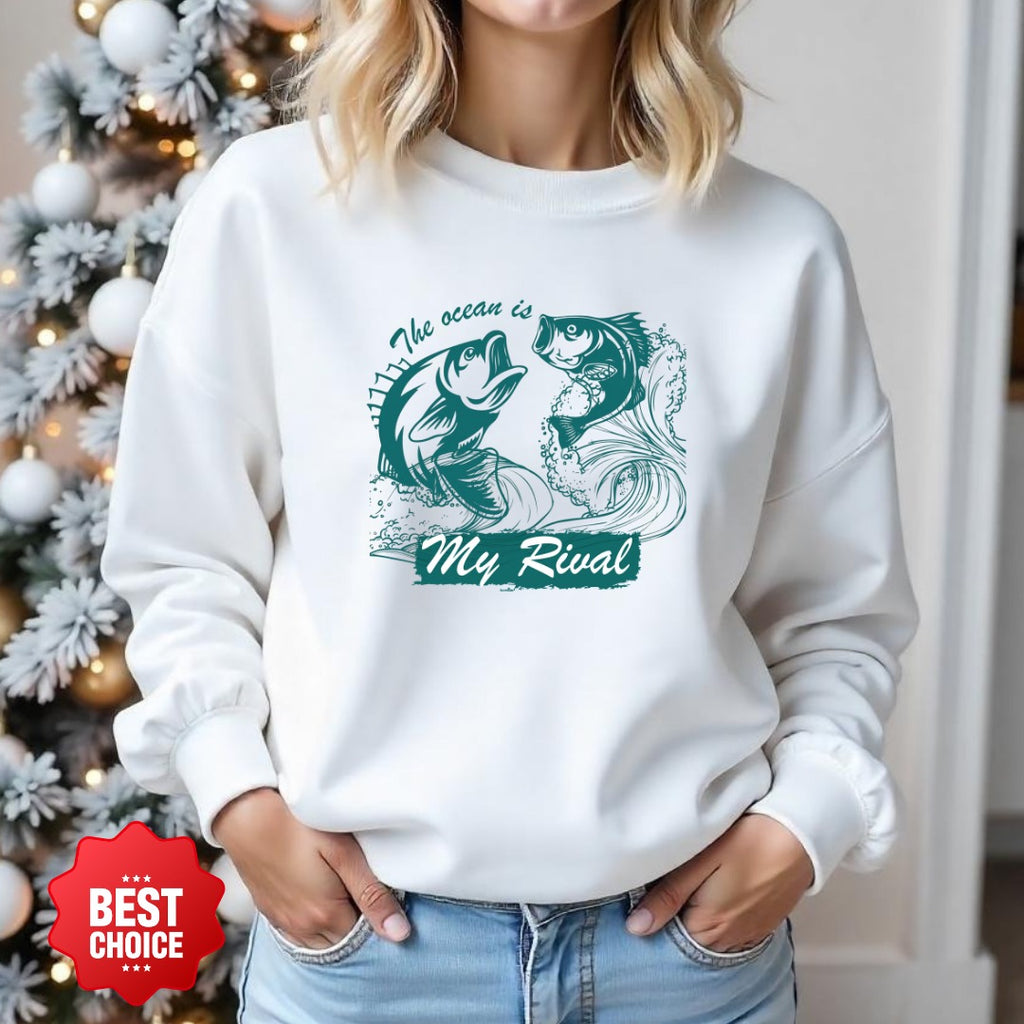 The Ocean Is My Rival Fishing Crewneck Sweatshirt, Graphic Pullover, Fisherman Gift, Retro Ocean Angler Apparel, Deep Sea Fishing Crewneck