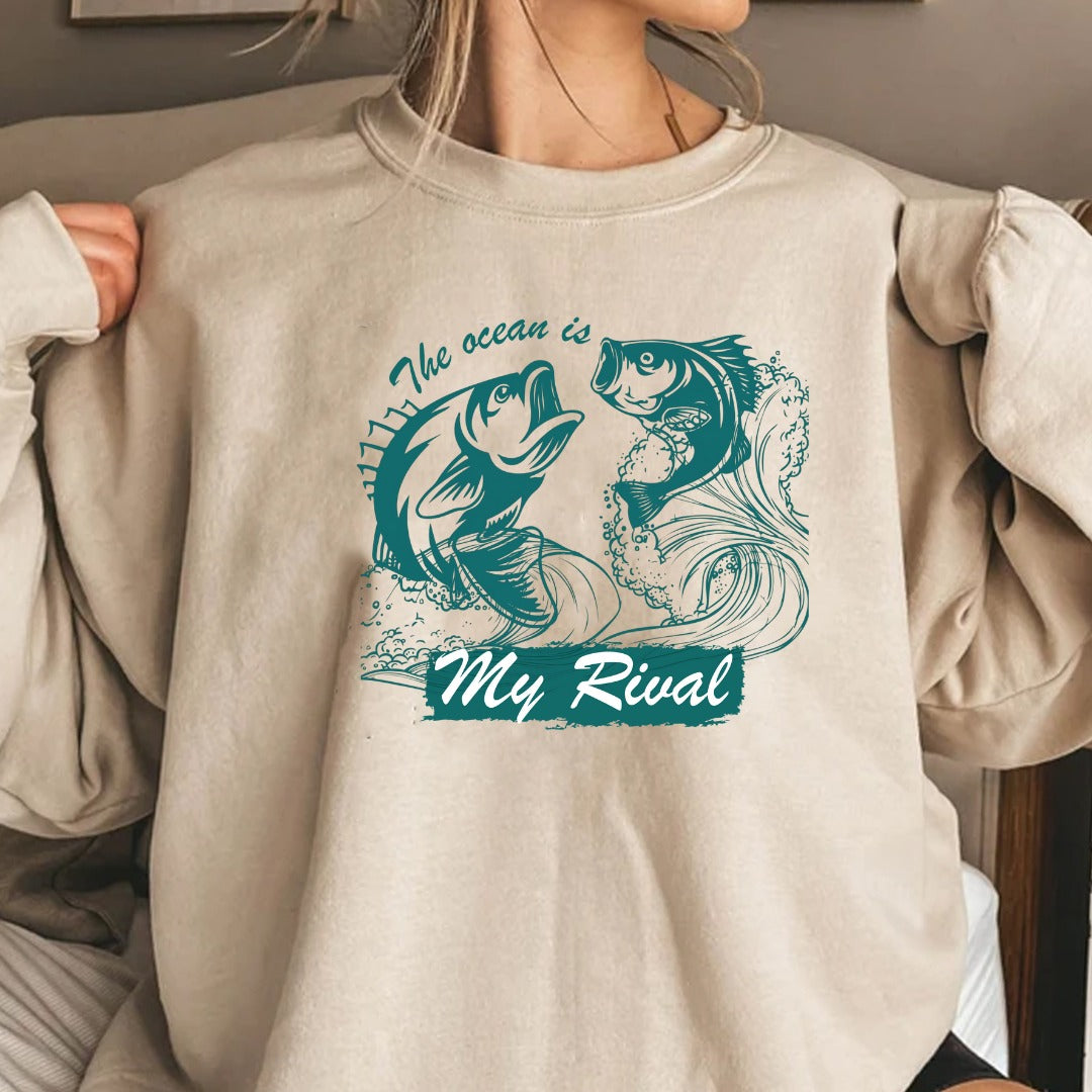The Ocean Is My Rival Fishing Crewneck Sweatshirt, Graphic Pullover, Fisherman Gift, Retro Ocean Angler Apparel, Deep Sea Fishing Crewneck