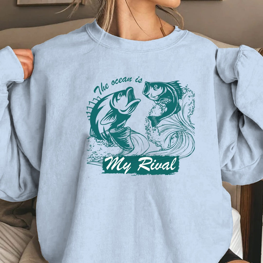 The Ocean Is My Rival Fishing Crewneck Sweatshirt, Graphic Pullover, Fisherman Gift, Retro Ocean Angler Apparel, Deep Sea Fishing Crewneck