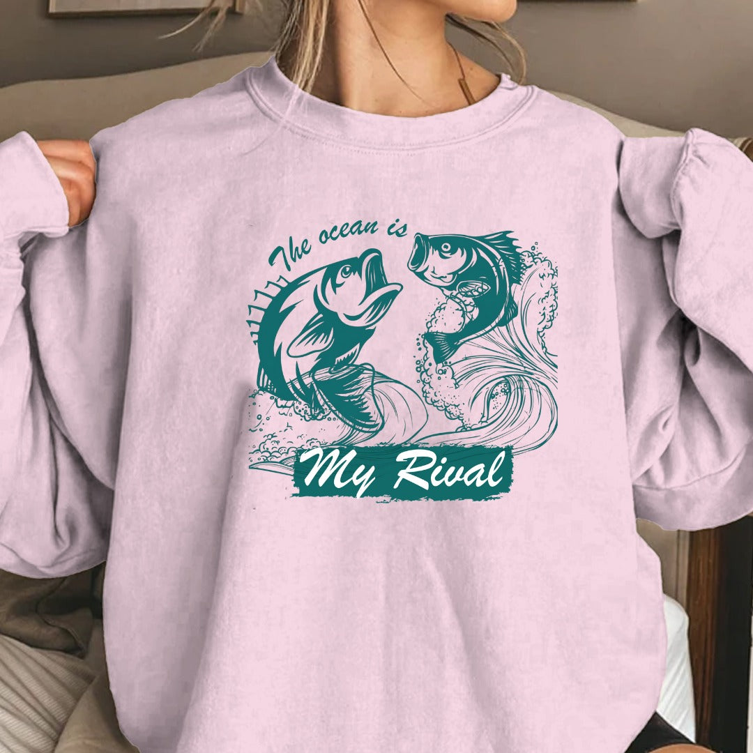 The Ocean Is My Rival Fishing Crewneck Sweatshirt, Graphic Pullover, Fisherman Gift, Retro Ocean Angler Apparel, Deep Sea Fishing Crewneck