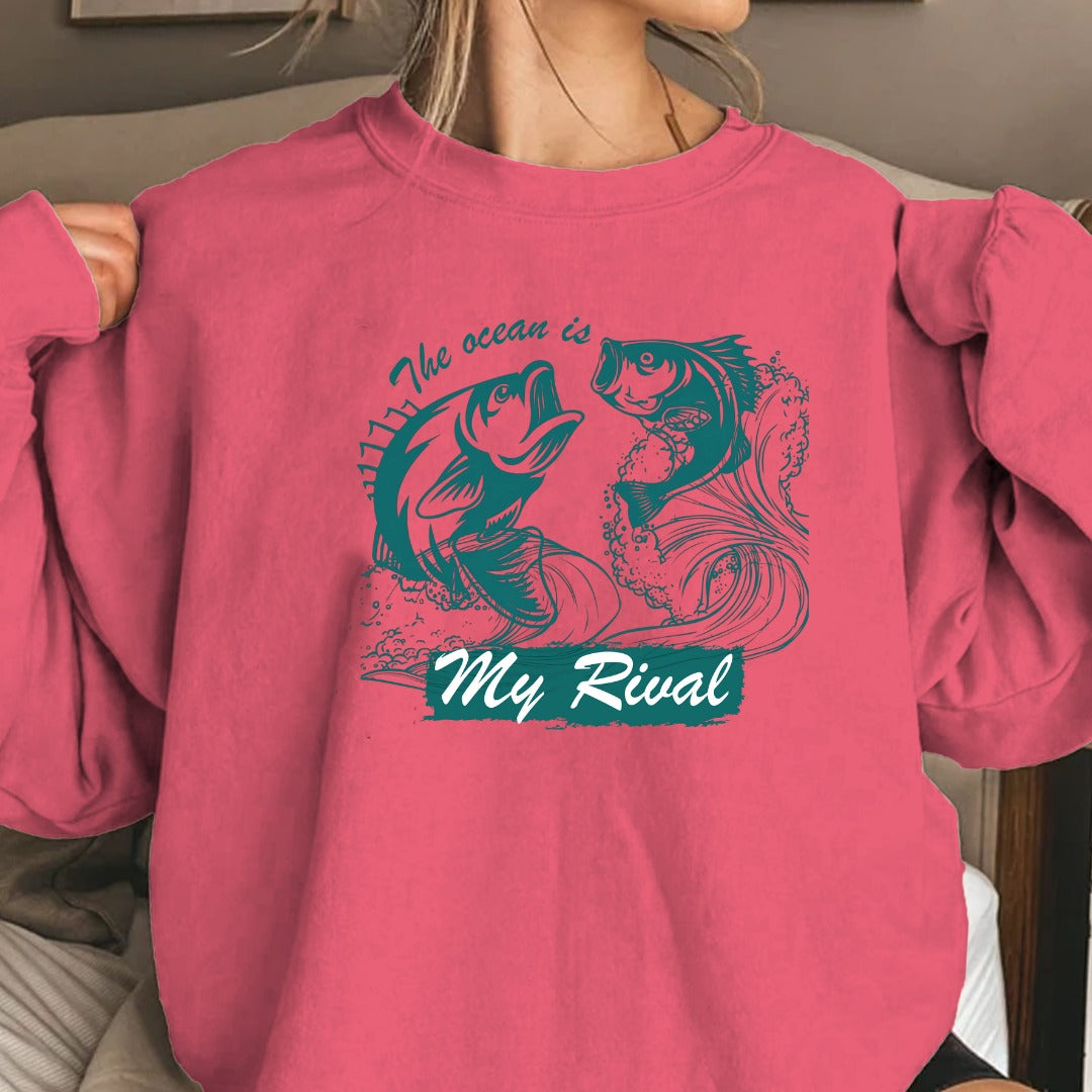 The Ocean Is My Rival Fishing Crewneck Sweatshirt, Graphic Pullover, Fisherman Gift, Retro Ocean Angler Apparel, Deep Sea Fishing Crewneck