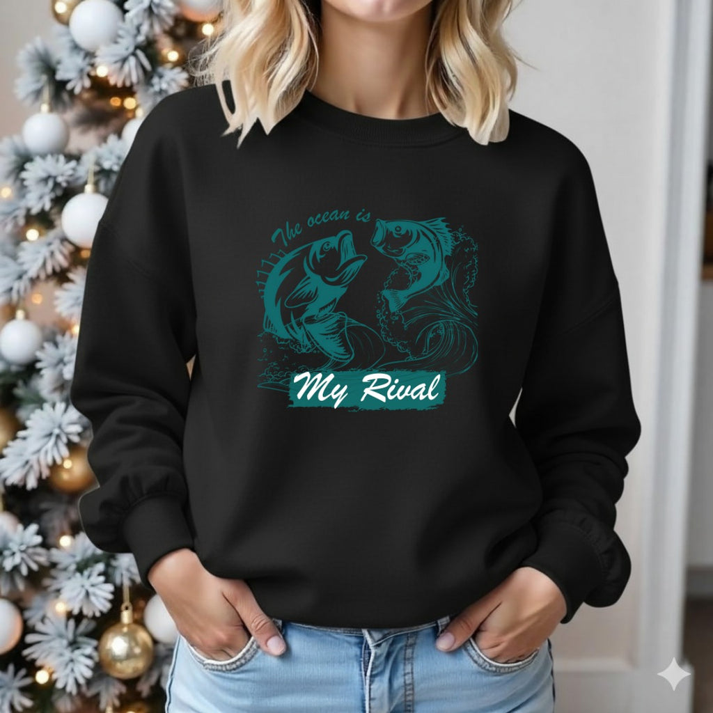 The Ocean Is My Rival Fishing Crewneck Sweatshirt, Graphic Pullover, Fisherman Gift, Retro Ocean Angler Apparel, Deep Sea Fishing Crewneck