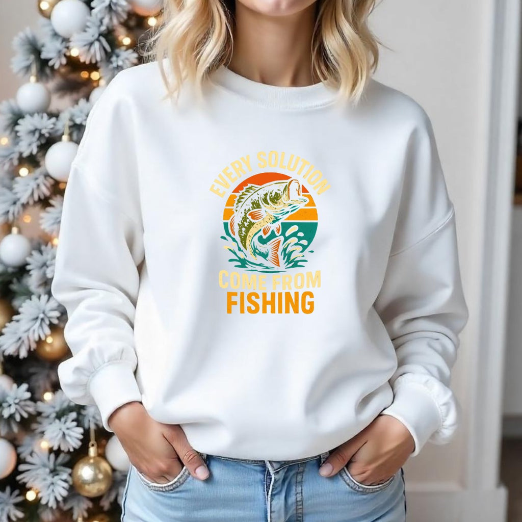 Every Solution Comes From Fishing Crewneck Sweatshirt, Graphic Pullover, Fisherman Gift, Retro Angler Apparel, Outdoor Ocean Fishing Crewneck