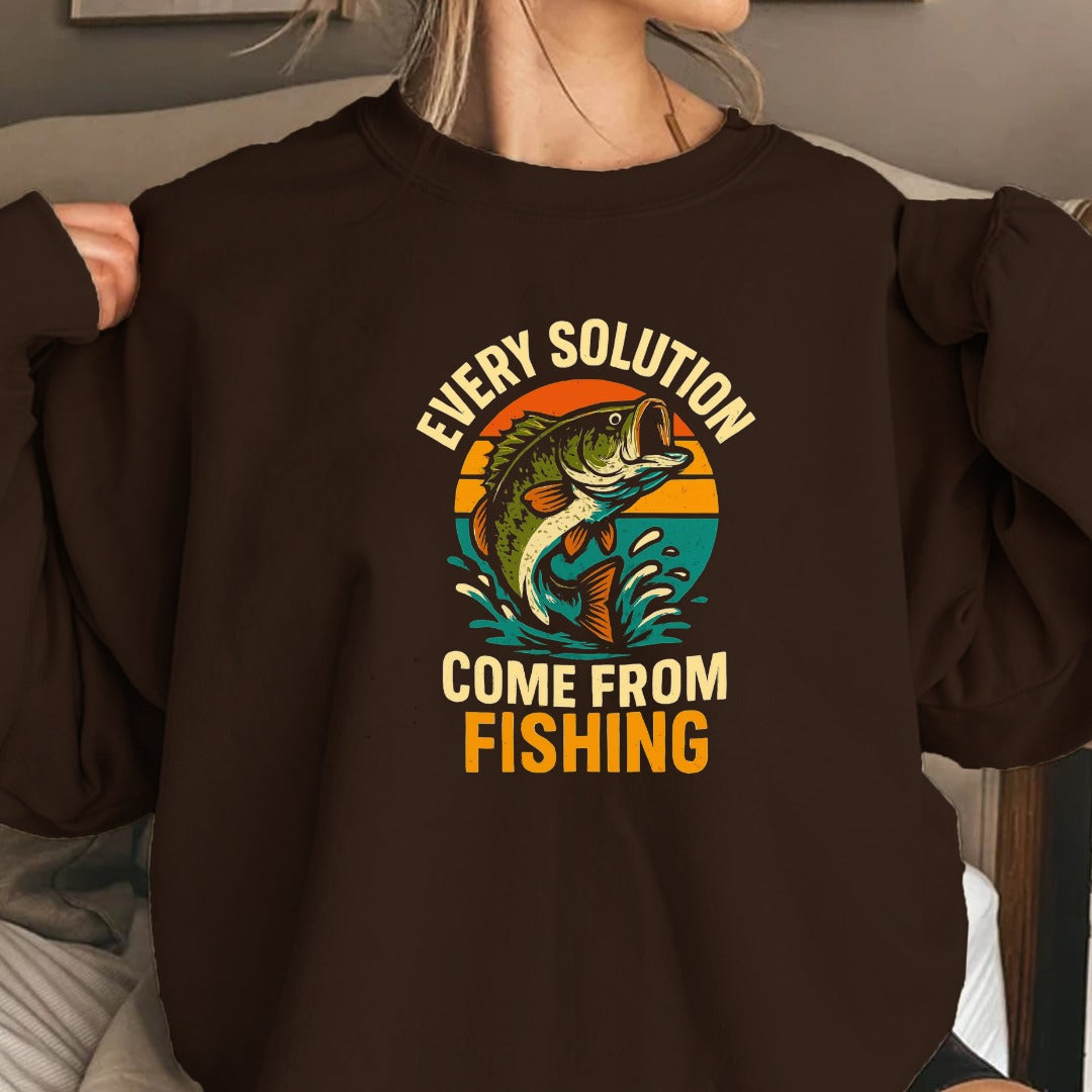 Every Solution Comes From Fishing Crewneck Sweatshirt, Graphic Pullover, Fisherman Gift, Retro Angler Apparel, Outdoor Ocean Fishing Crewneck