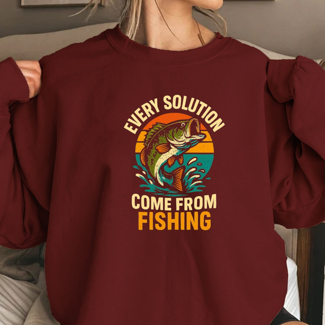 Every Solution Comes From Fishing Crewneck Sweatshirt, Graphic Pullover, Fisherman Gift, Retro Angler Apparel, Outdoor Ocean Fishing Crewneck