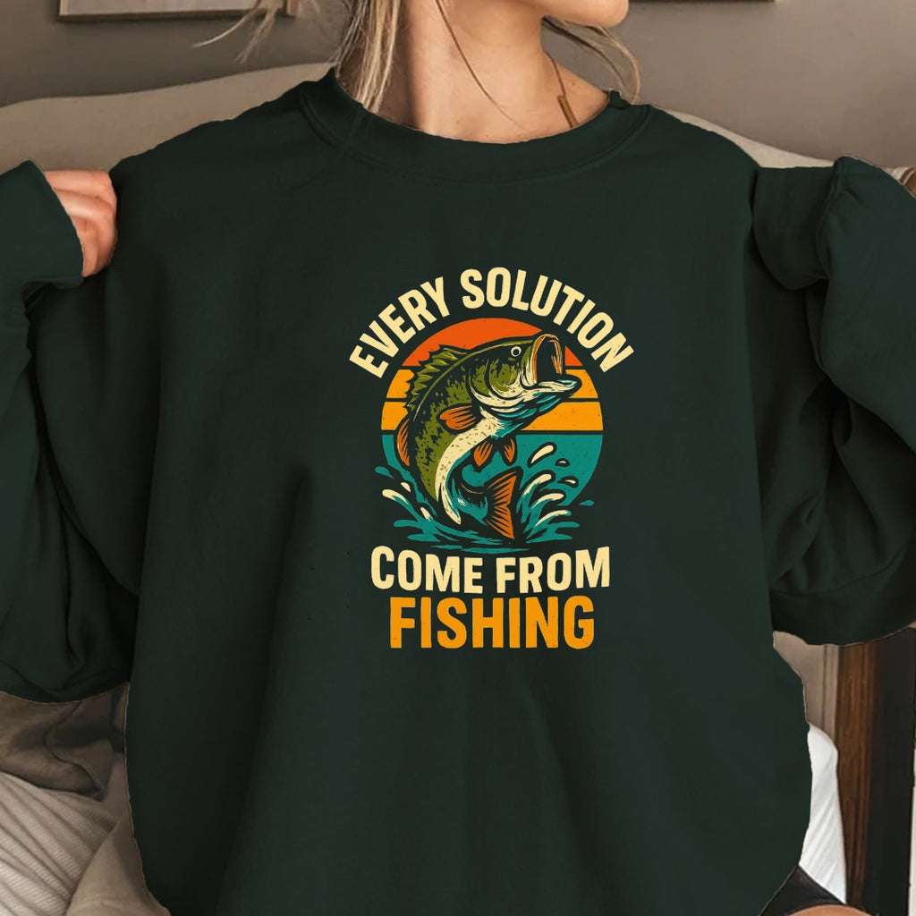 Every Solution Comes From Fishing Crewneck Sweatshirt, Graphic Pullover, Fisherman Gift, Retro Angler Apparel, Outdoor Ocean Fishing Crewneck