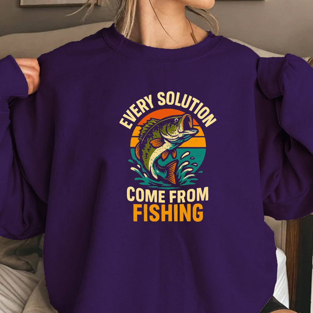 Every Solution Comes From Fishing Crewneck Sweatshirt, Graphic Pullover, Fisherman Gift, Retro Angler Apparel, Outdoor Ocean Fishing Crewneck