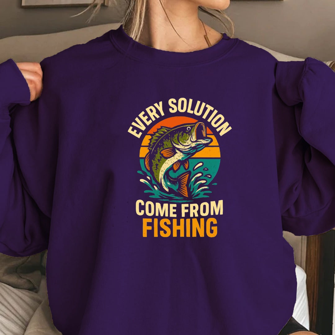 Every Solution Comes From Fishing Crewneck Sweatshirt, Graphic Pullover, Fisherman Gift, Retro Angler Apparel, Outdoor Ocean Fishing Crewneck