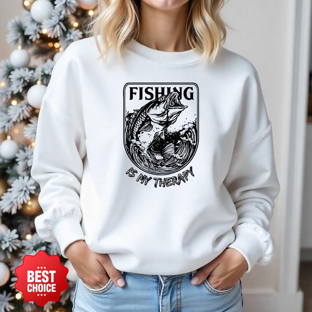 Fishing Is My Therapy Crewneck Sweatshirt, Graphic Pullover, Fisherman Gift, Retro Angler Apparel, Outdoor Ocean Fishing Crewneck