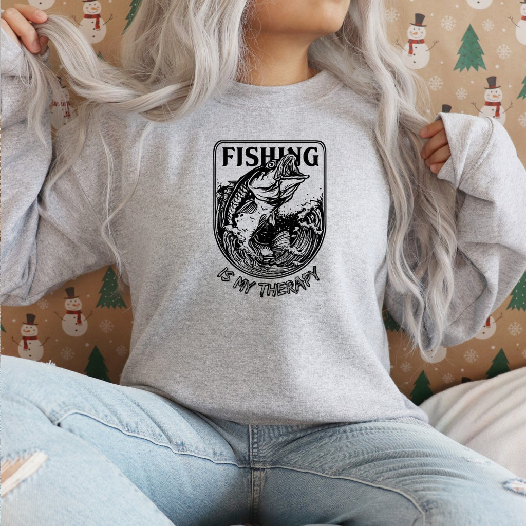 Fishing Is My Therapy Crewneck Sweatshirt, Graphic Pullover, Fisherman Gift, Retro Angler Apparel, Outdoor Ocean Fishing Crewneck