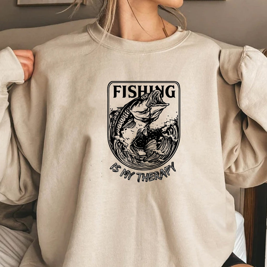 Fishing Is My Therapy Crewneck Sweatshirt, Graphic Pullover, Fisherman Gift, Retro Angler Apparel, Outdoor Ocean Fishing Crewneck