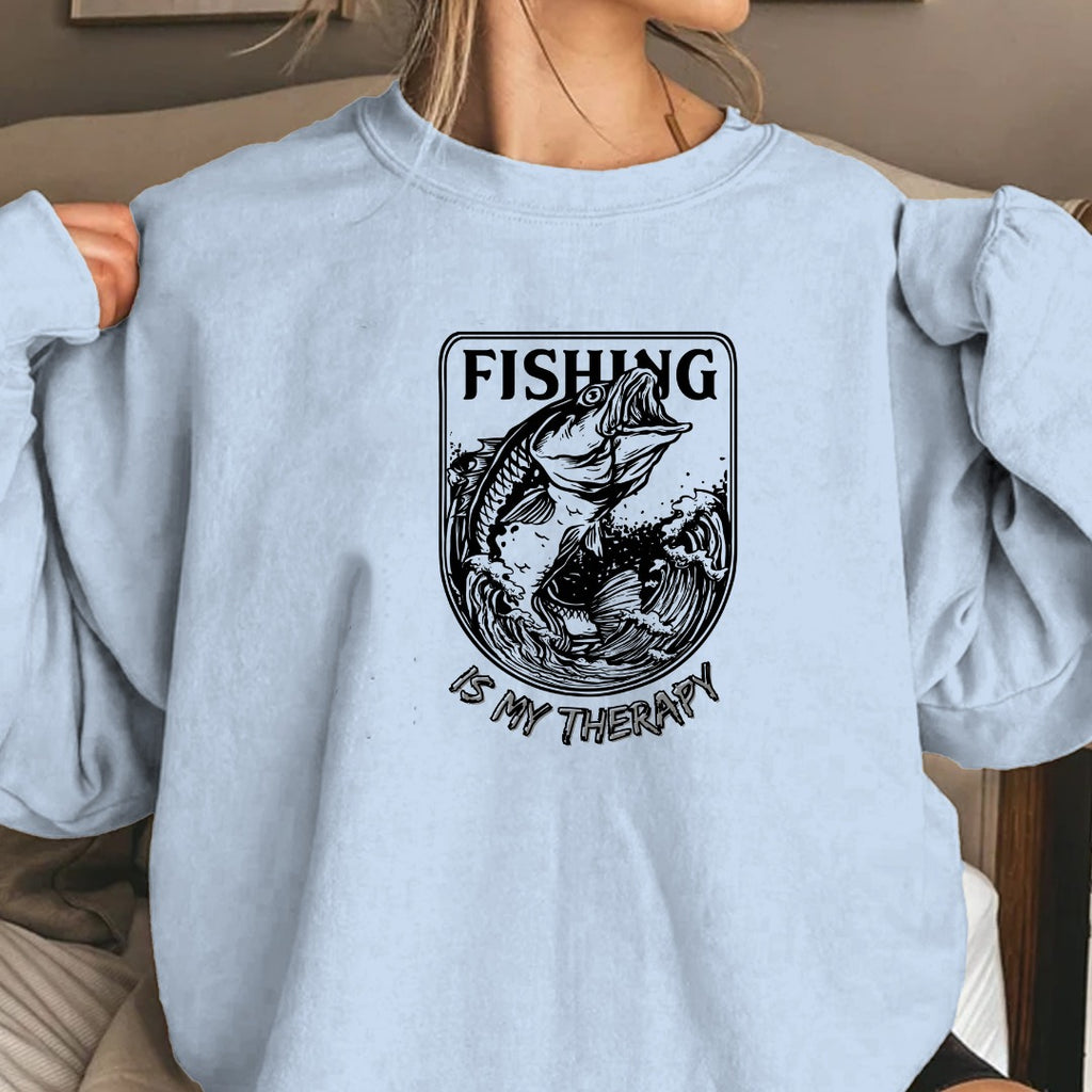 Fishing Is My Therapy Crewneck Sweatshirt, Graphic Pullover, Fisherman Gift, Retro Angler Apparel, Outdoor Ocean Fishing Crewneck