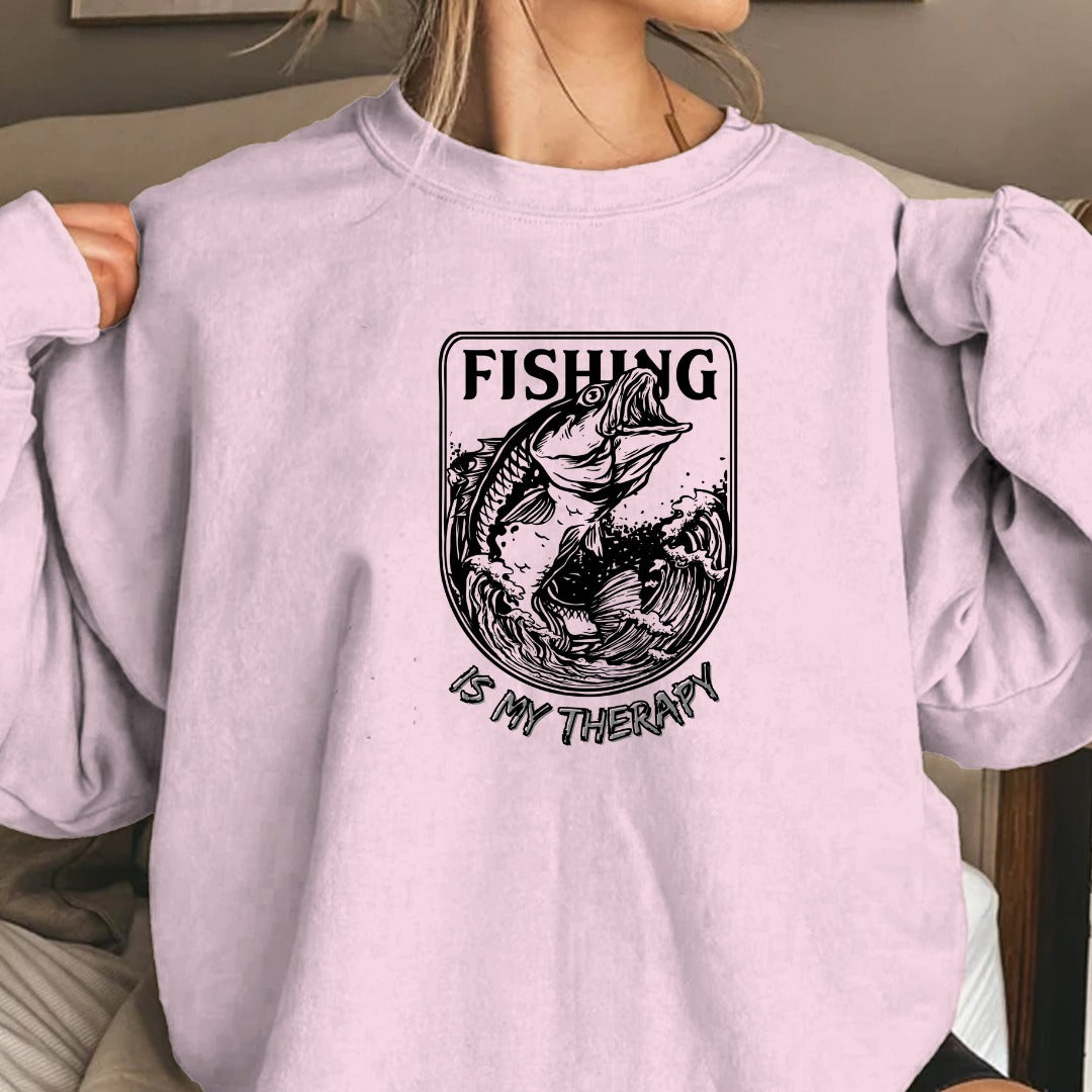 Fishing Is My Therapy Crewneck Sweatshirt, Graphic Pullover, Fisherman Gift, Retro Angler Apparel, Outdoor Ocean Fishing Crewneck