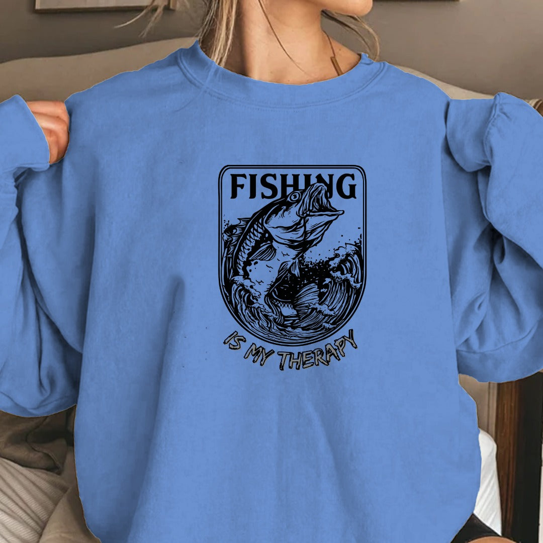 Fishing Is My Therapy Crewneck Sweatshirt, Graphic Pullover, Fisherman Gift, Retro Angler Apparel, Outdoor Ocean Fishing Crewneck