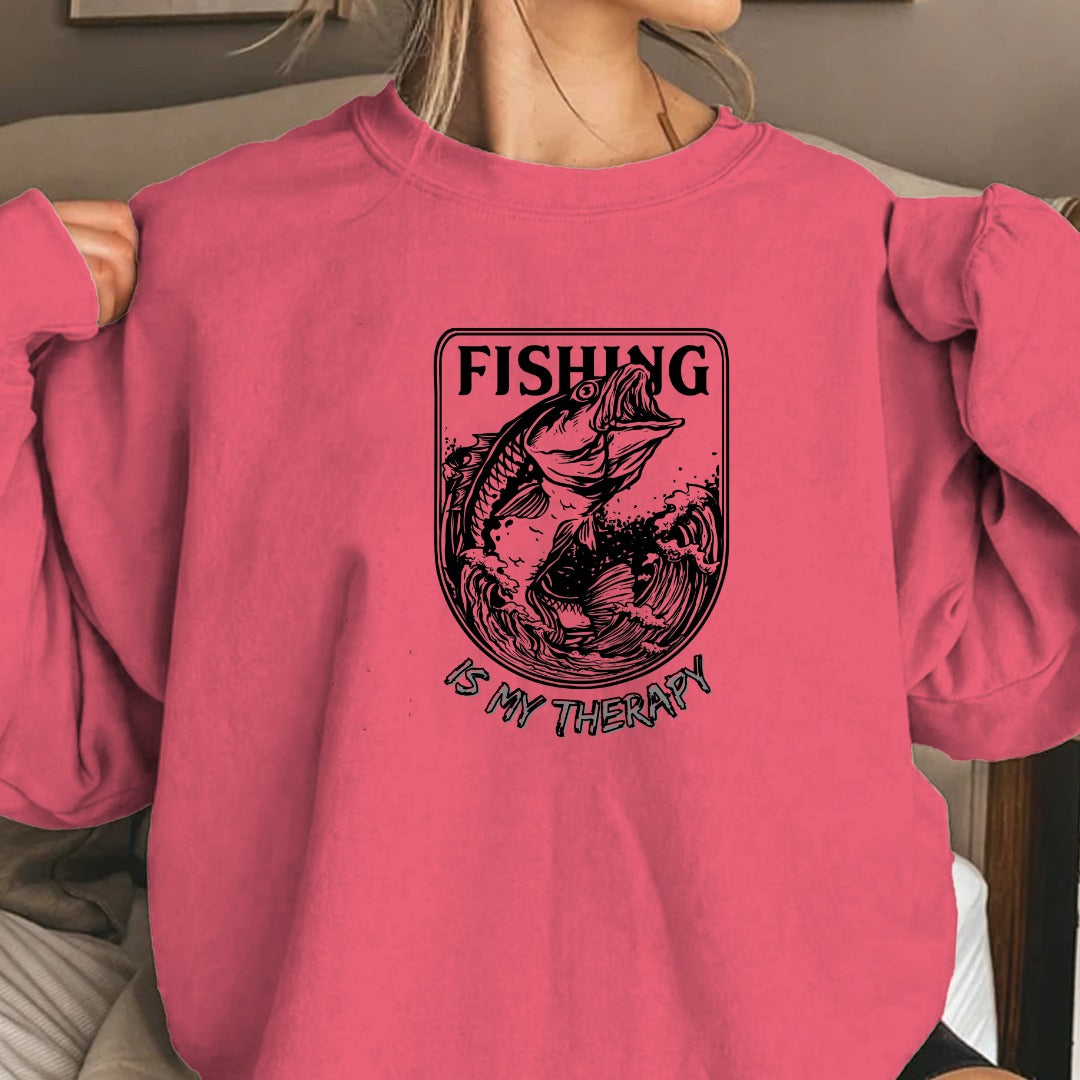 Fishing Is My Therapy Crewneck Sweatshirt, Graphic Pullover, Fisherman Gift, Retro Angler Apparel, Outdoor Ocean Fishing Crewneck