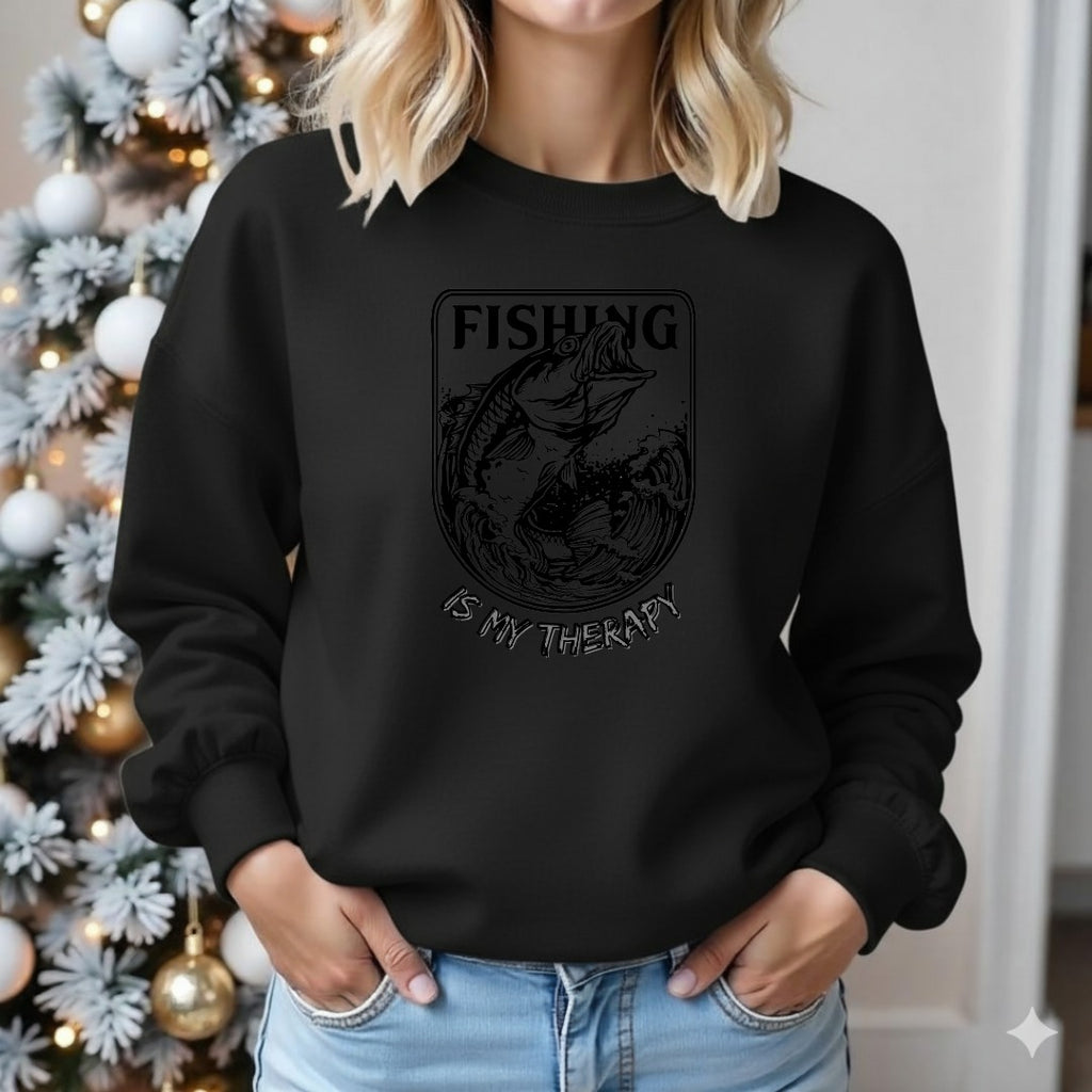 Fishing Is My Therapy Crewneck Sweatshirt, Graphic Pullover, Fisherman Gift, Retro Angler Apparel, Outdoor Ocean Fishing Crewneck