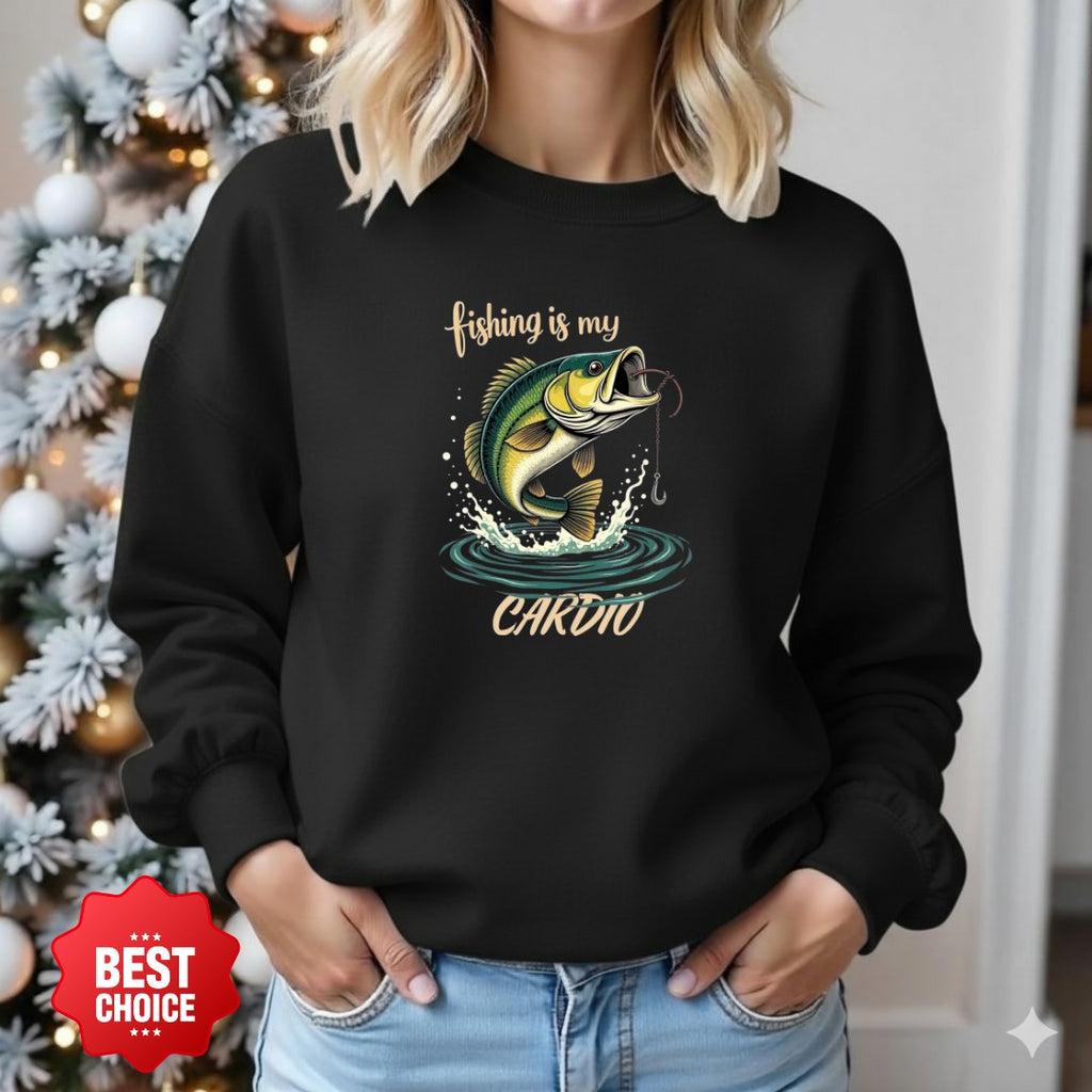 Fishing Is My Cardio Crewneck Sweatshirt, Graphic Pullover, Fisherman Gift, Retro Angler Apparel, Outdoor Ocean Fishing Crewneck