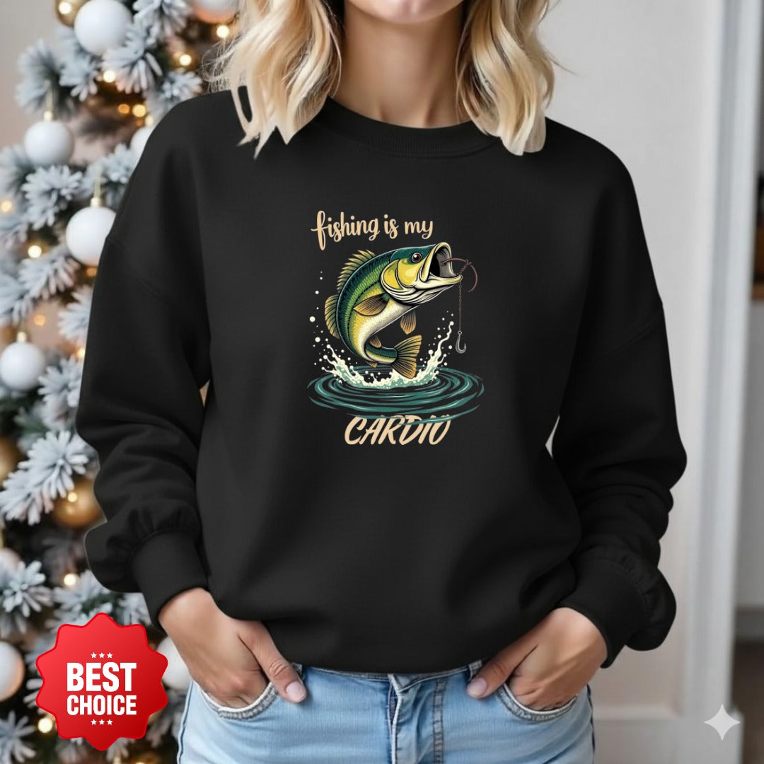 Fishing Is My Cardio Crewneck Sweatshirt, Graphic Pullover, Fisherman Gift, Retro Angler Apparel, Outdoor Ocean Fishing Crewneck