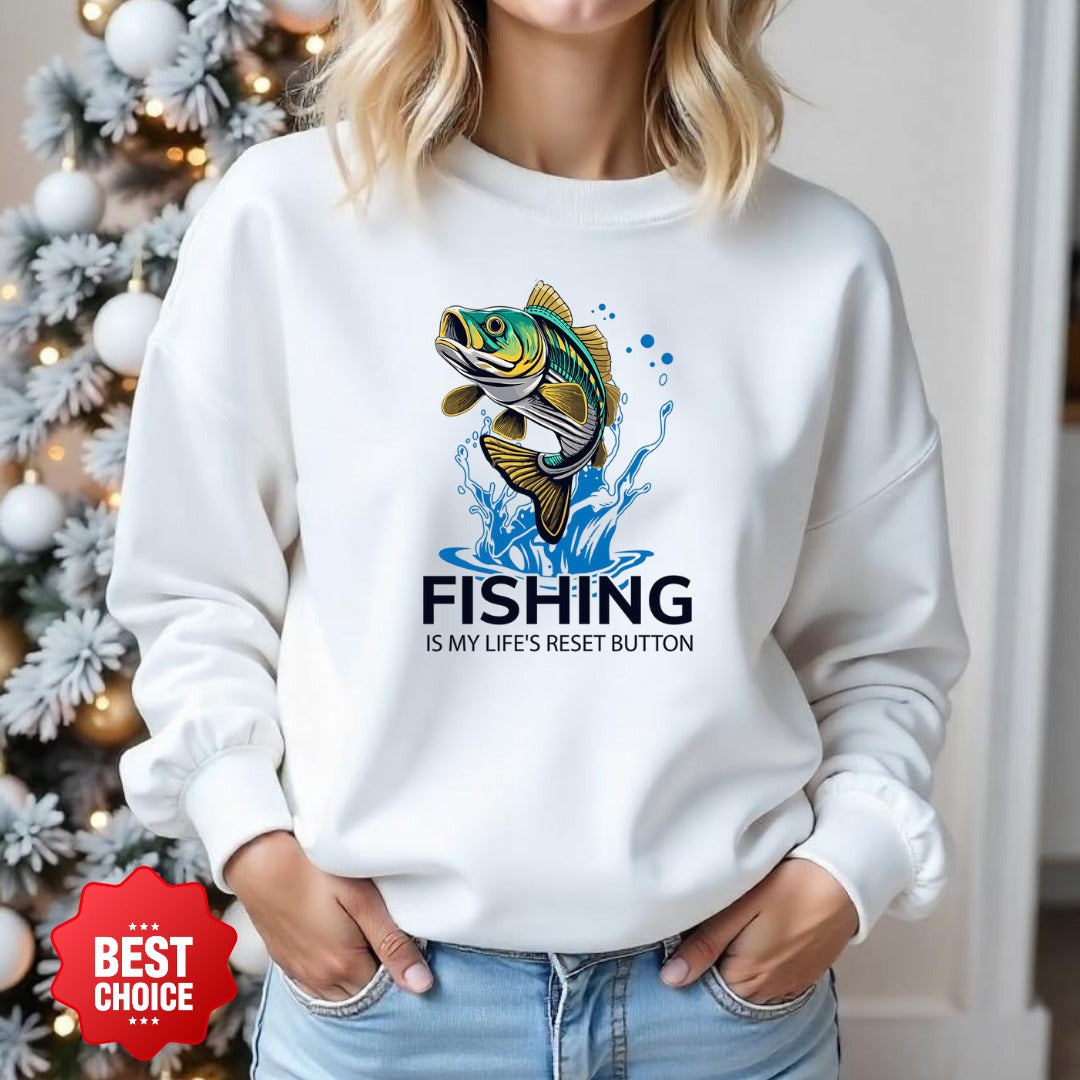 Fishing Is My Life's Reset Button Crewneck Sweatshirt, Graphic Pullover, Fisherman Gift, Retro Angler Apparel, Outdoor Ocean Fishing Crewneck