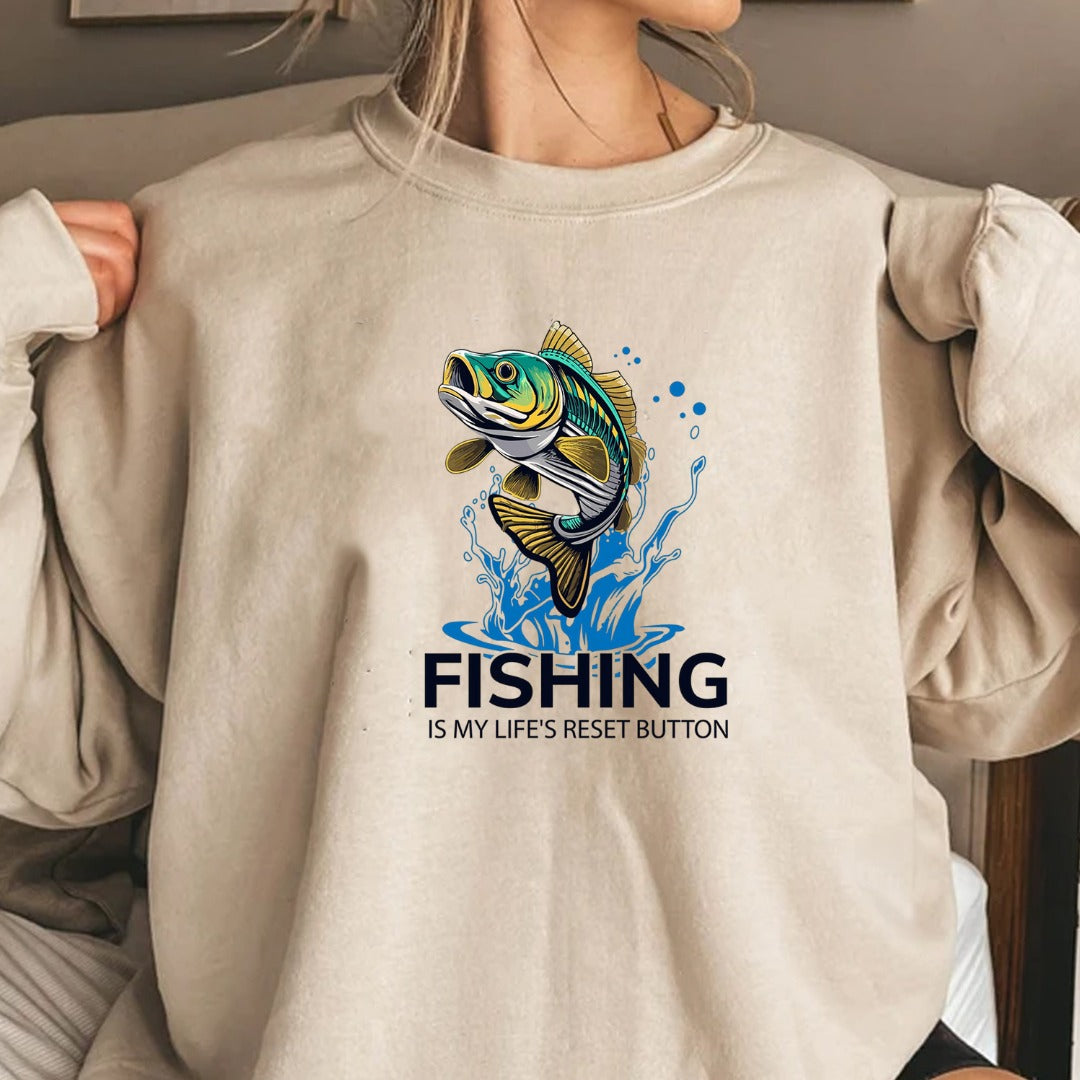 Fishing Is My Life's Reset Button Crewneck Sweatshirt, Graphic Pullover, Fisherman Gift, Retro Angler Apparel, Outdoor Ocean Fishing Crewneck