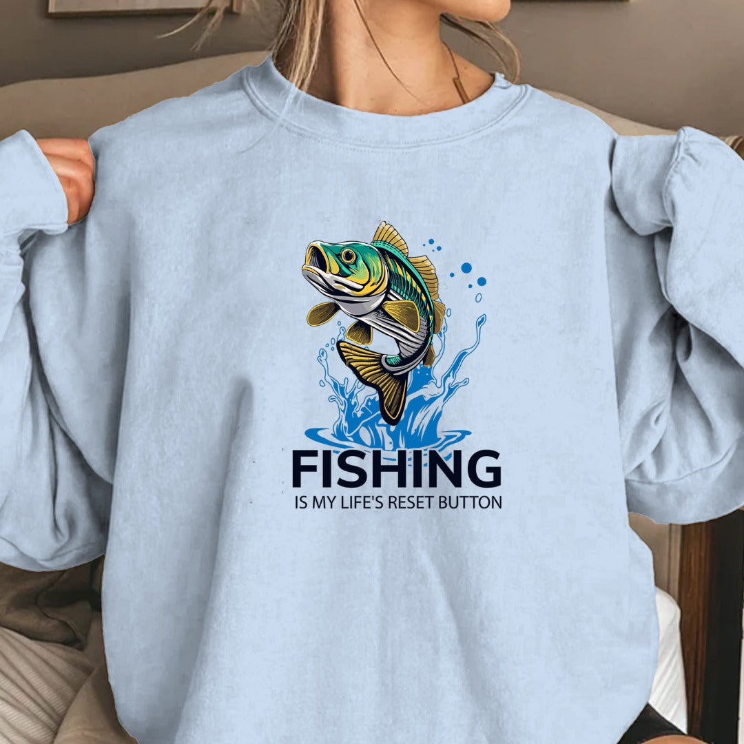 Fishing Is My Life's Reset Button Crewneck Sweatshirt, Graphic Pullover, Fisherman Gift, Retro Angler Apparel, Outdoor Ocean Fishing Crewneck