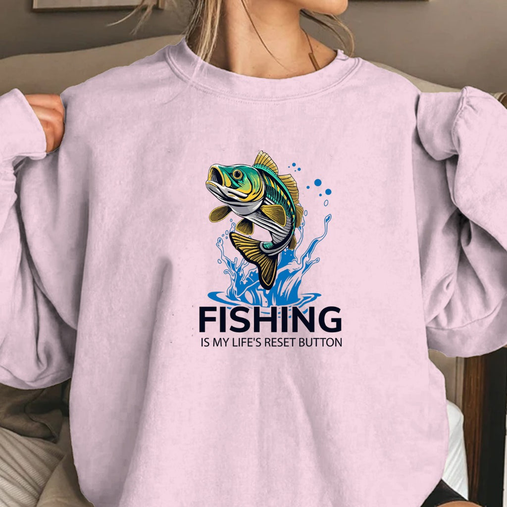 Fishing Is My Life's Reset Button Crewneck Sweatshirt, Graphic Pullover, Fisherman Gift, Retro Angler Apparel, Outdoor Ocean Fishing Crewneck