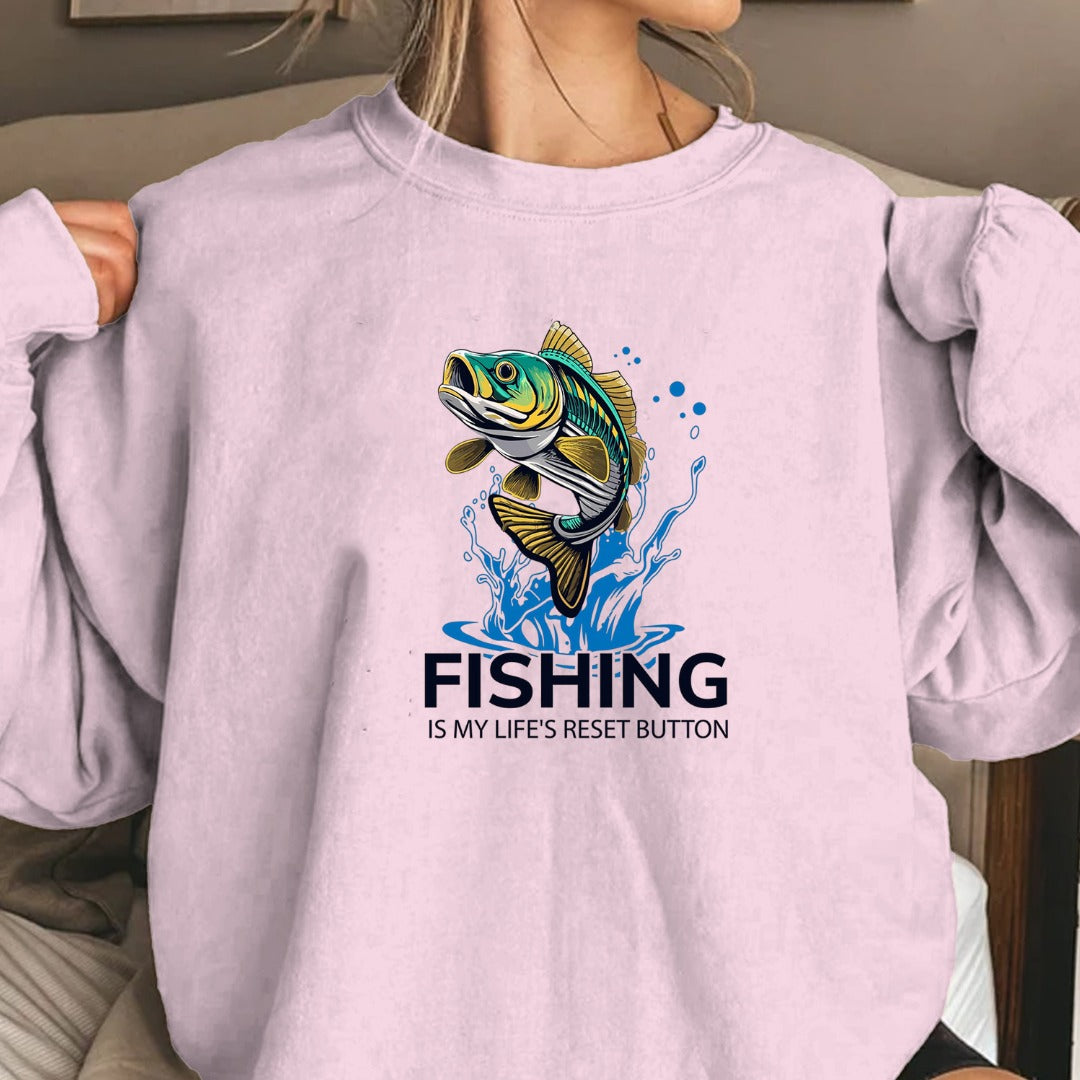 Fishing Is My Life's Reset Button Crewneck Sweatshirt, Graphic Pullover, Fisherman Gift, Retro Angler Apparel, Outdoor Ocean Fishing Crewneck