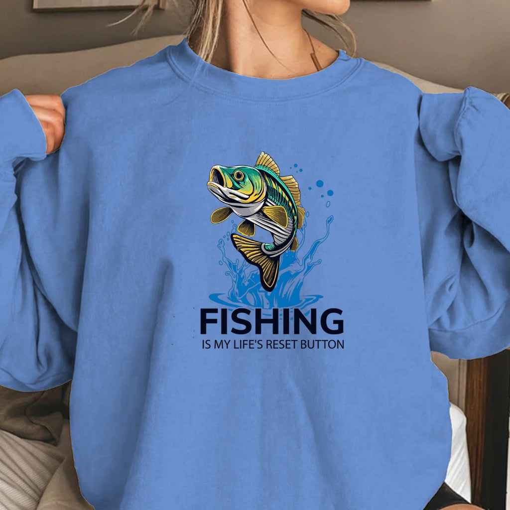 Fishing Is My Life's Reset Button Crewneck Sweatshirt, Graphic Pullover, Fisherman Gift, Retro Angler Apparel, Outdoor Ocean Fishing Crewneck