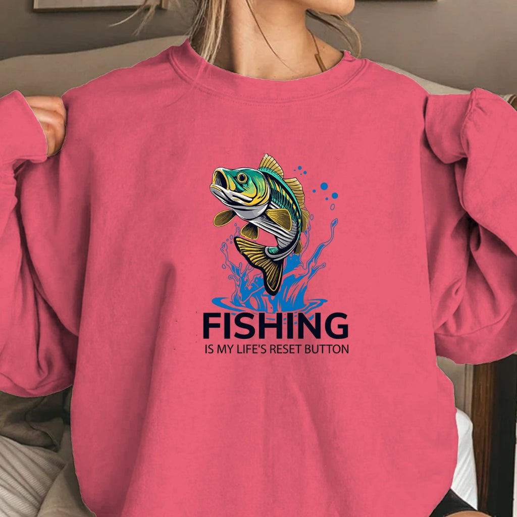 Fishing Is My Life's Reset Button Crewneck Sweatshirt, Graphic Pullover, Fisherman Gift, Retro Angler Apparel, Outdoor Ocean Fishing Crewneck