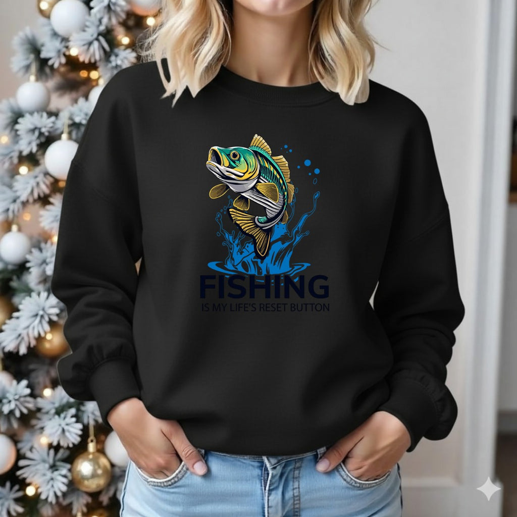 Fishing Is My Life's Reset Button Crewneck Sweatshirt, Graphic Pullover, Fisherman Gift, Retro Angler Apparel, Outdoor Ocean Fishing Crewneck