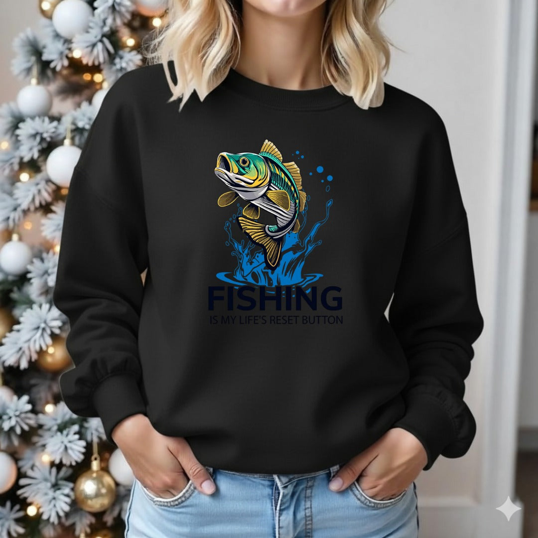 Fishing Is My Life's Reset Button Crewneck Sweatshirt, Graphic Pullover, Fisherman Gift, Retro Angler Apparel, Outdoor Ocean Fishing Crewneck