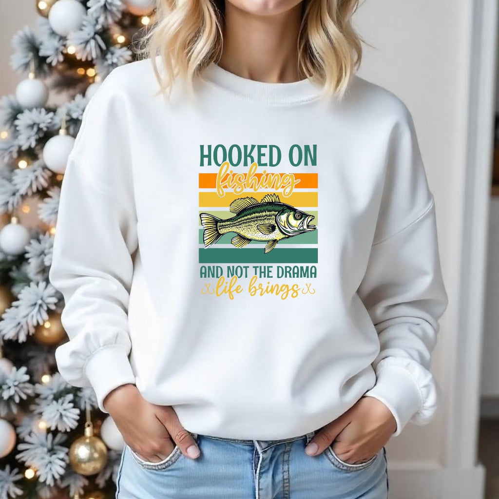 Hooked on Fishing and Not the Drama Crewneck Sweatshirt, Retro Fish Graphic Pullover, Fisherman Gift, Outdoor Angler Apparel, Ocean Crewneck